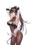  1girl armpits arms_up azur_lane bare_shoulders black_hair bodysuit bow breasts brown_eyes cameltoe center_opening cleavage cleavage_cutout clothing_cutout collarbone contrapposto covered_navel cowboy_shot elbow_gloves frown gloves groin hair_bow highleg highleg_leotard highres kie_(wylee2212) leotard long_hair looking_at_viewer me!me!me! medium_breasts parted_lips ponytail race_queen solo squiggle standing takao_(azur_lane) takao_(full_throttle_charmer)_(azur_lane) very_long_hair white_bow 
