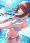  1girl amagami bangs bikini blue_sky blunt_bangs brown_eyes brown_hair cloud commentary_request day halter_top halterneck horizon kamizaki_risa long_hair mismatched_bikini navel ocean outdoors shouji_nigou side-tie_bikini sky solo standing swimsuit 