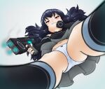  1girl alloyrabbit black_gloves black_hair black_legwear breasts eyebrows_visible_through_hair flat_chest from_below giant giantess gloves highres long_hair looking_at_viewer neptune_(series) panties red_eyes smile solo thighhighs twintails underwear uni_(neptune_series) white_panties 