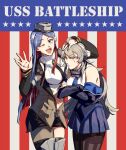 2girls ahoge american_flag american_flag_background asymmetrical_legwear bangs black_legwear black_neckwear blue_eyes blue_hair blue_neckwear blue_skirt blush breasts closed_mouth crossed_arms detached_sleeves flag_background grey_hair hand_on_another&#039;s_head headgear highres jacket kantai_collection large_breasts long_hair long_sleeves multicolored_hair multiple_girls nan_(nanyayyay) necktie one_eye_closed open_mouth pantyhose pleated_skirt red_hair shirt single_leg_pantyhose single_thighhigh skirt south_dakota_(kancolle) star_(symbol) sweat thighhighs washington_(kancolle) white_hair 