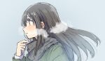  1girl absurdres adjusting_scarf betock black_hair blue_background blush breath brown_eyes coat commentary_request eyebrows_visible_through_hair from_side green_coat grey_scarf hand_up highres long_hair original parted_lips profile scarf simple_background solo 
