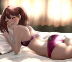  1girl ass back bangs bare_arms bare_shoulders bed blush bra breasts brown_hair closed_eyes commentary_request curtains eyebrows_visible_through_hair grin hair_between_eyes highres indoors kantai_collection light_rays looking_at_viewer lying on_bed on_stomach panties pillow pink_bra pink_panties ryuujou_(kancolle) small_breasts smile solo tama_(seiga46239239) twintails underwear underwear_only window 