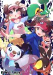  1boy 1girl :d absurdres black_legwear blue_eyes blue_jacket blush bow bright_pupils brown_hair collarbone commentary_request double_bun gen_5_pokemon grey_shorts hand_on_headwear hands_up highres holding holding_poke_ball jacket legwear_under_shorts long_hair looking_at_viewer nate_(pokemon) open_mouth oshawott pantyhose pink_bow poke_ball poke_ball_(basic) pokemon pokemon_(creature) pokemon_(game) pokemon_bw2 pon_yui raglan_sleeves red_headwear rosa_(pokemon) short_hair short_shorts short_sleeves shorts smile snivy starter_pokemon_trio tepig tongue twintails visor_cap white_pupils yellow_shorts zipper_pull_tab 