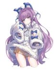  1girl absurdres ahoge animal_ears azur_lane blue_bow blue_eyes bow brown_dress bunny_ears coat commentary_request cropped_legs dress fake_animal_ears fur-trimmed_coat fur_trim hands_up head_tilt highres kitere long_hair long_sleeves looking_at_viewer purple_hair signature simple_background sleeves_past_fingers sleeves_past_wrists solo sweater sweater_dress tashkent_(azur_lane) white_background white_coat 