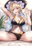  1girl armpits bed blonde_hair blue_hair bow braid breasts hair_bow hat hat_bow kerotsupii_deisuku kirisame_marisa large_breasts lingerie long_hair multicolored_hair navel short_hair silver_hair smile touhou two-tone_hair underwear white_bow witch witch_hat yellow_eyes 