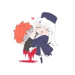  1boy 1girl ^_^ ^o^ bad_end bisected bleeding blood blush_stickers boots chibi closed_eyes coat emiya_shirou fate/stay_night fate_(series) hat heart highres holding holding_person illyasviel_von_einzbern kamo_0707 lifting_person missing_limb orange_hair shaded_face simple_background smile sweat white_background white_hair winter_clothes 