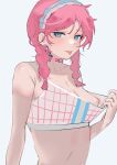  1girl absurdres arknights blue_eyes blue_poison_(arknights) blue_poison_(shoal_beat)_(arknights) bra bra_pull braid breasts choker clothes_pull collarbone commentary_request hairband highres long_hair nipples official_alternate_costume pink_choker pink_hair rosehip_t72 scales simple_background small_breasts solo sports_bra sports_bra_pull tongue tongue_out twin_braids underwear upper_body white_background white_sports_bra 