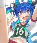  1girl :d @_@ ahoge animal_ears arm_up black_bow blue_eyes blue_hair bow clenched_hand feet_out_of_frame gym_shirt gym_shorts gym_uniform hair_bow hand_up heterochromia highres horse_ears leg_up long_hair midriff_peek multicolored_hair navel open_mouth purple_eyes red_shorts sharp_teeth shirt short_shorts short_sleeves shorts simple_background smile somechime_(sometime1209) teeth twin_turbo_(umamusume) twintails two-tone_hair umamusume white_background white_shirt 