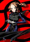  1girl alternate_costume black_scarf bodysuit brown_eyes brown_hair bustier cosplay excaliblader floating_hair gloves grey_gloves highres long_hair looking_at_viewer niijima_makoto niijima_makoto_(cosplay) okumura_haru parted_lips persona persona_5 ponytail scarf solo standing 