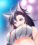  1girl ahoge animal_ears arknights black_hair blaze_(arknights) blaze_(burst_feline)_(arknights) blue_eyes breasts cat_ears chinese_commentary crop_top fang from_below headset implied_extra_ears large_breasts lingshalan long_hair looking_at_viewer official_alternate_costume open_mouth shirt skin_fang solo upper_body white_shirt 