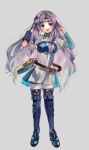  1girl absurdres armor bangs belt blush boots breastplate chil0107 circlet dress elbow_gloves fire_emblem fire_emblem:_the_blazing_blade florina_(fire_emblem) full_body gloves green_eyes hand_in_hair highres long_hair looking_at_viewer open_mouth parted_bangs pauldrons purple_hair shoulder_armor smile solo thigh_boots thighhighs upper_teeth very_long_hair white_dress zettai_ryouiki 
