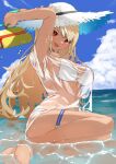  1girl alternate_costume arm_up armpits bangs beach bikini blonde_hair blush breasts full_body hat highres hololive long_hair looking_at_viewer medium_breasts red_eyes see-through shiranui_flare smile solo sun_hat swimsuit takeno_omoti thigh_strap virtual_youtuber water_gun white_bikini 