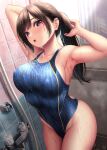  1girl black_eyes black_hair blue_swimsuit breasts commentary_request competition_swimsuit cowboy_shot holding holding_hair kase_daiki large_breasts long_hair looking_at_viewer one-piece_swimsuit original ponytail shower_(place) shower_head solo standing striped striped_swimsuit swimsuit 
