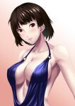  1girl absurdres bangs breasts brown_hair cleavage closed_mouth collarbone covered_nipples excaliblader gradient gradient_background highres large_breasts looking_at_viewer niijima_makoto persona persona_5 red_eyes revealing_clothes shiny shiny_hair short_hair sideboob solo upper_body 