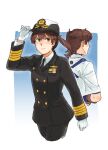  brown_eyes brown_hair gloves japan_maritime_self-defense_force japan_self-defense_force japanese_clothes kaga_(jmsdf) kaga_(kancolle) kantai_collection long_hair military military_uniform multiple_girls muneate side_ponytail uniform weidashming 