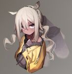  1girl absurdres animal_ears arknights beudelb black_shirt commentary cropped_torso dark-skinned_female dark_skin grey_background grey_hair highres jacket korean_commentary long_hair looking_at_viewer mask mask_around_neck open_clothes open_jacket purple_eyes shirt simple_background solo tuye_(arknights) twintails upper_body yellow_jacket zebra_ears 
