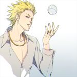  1boy ball baseball blonde_hair collared_shirt dress_shirt fingernails hand_up jewelry looking_at_viewer male_focus necklace one_outs ring shirt sic77 smile solo spiked_hair tokuchi_toua white_shirt 