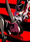  1girl arm_up black_feathers black_legwear blush breasts closed_mouth collared_shirt cosplay dress_shirt excaliblader gloves hat hat_feather hat_over_one_eye highres legwear_under_shorts long_hair looking_at_viewer medium_breasts okumura_haru okumura_haru_(cosplay) persona persona_5 persona_5_the_royal pink_shirt purple_gloves purple_headwear purple_shorts red_eyes red_hair shadow shiny shiny_hair shirt shorts smile solo twitter_username wing_collar yoshizawa_kasumi 