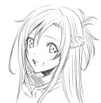  1girl asuna_(sao) braid face greyscale hair_between_eyes hatching_(texture) long_hair monochrome mugetsu2501 open_mouth simple_background sketch smile solo sword_art_online teeth upper_body white_background 