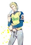  1boy bandaid baseball_cap baseball_jersey belt blonde_hair cowboy_shot cuts dirty dirty_clothes hat highres injury long_sleeves looking_at_viewer male_focus male_underwear mouth_hold one_outs open_pants pants sic77 solo spiked_hair tokuchi_toua underwear white_pants 
