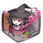  1girl :d absurdres bangs barefoot black_cape black_hair black_headwear black_skirt blue_eyes blush book bookshelf bow cape chibi collared_shirt commentary_request dress_shirt eyebrows_visible_through_hair grey_shirt hat heterochromia highres holding holding_staff long_hair long_sleeves looking_at_viewer magic_circle open_mouth orb original purple_eyes red_bow shirt simple_background skirt smile solo staff stairs standing stone_stairs very_long_hair white_background wide_sleeves witch witch_hat yuuji_(yukimimi) 