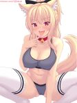  1girl animal_ear_fluff animal_ears arm_up bangs bell blonde_hair blush bow breasts cameltoe cat_ears collar covered_nipples eyebrows_visible_through_hair finger_to_mouth hair_bow heart heart-shaped_pupils highres large_breasts long_hair looking_at_viewer navel neck_bell nottytiffy panties patreon_username red_eyes simple_background solo sports_bra squatting stomach symbol-shaped_pupils thighhighs thighs tiffy_(nottytiffy) tongue tongue_out underwear watermark white_background white_legwear 