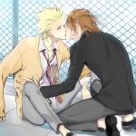  2boys blonde_hair brown_hair cardigan chain-link_fence closed_eyes fence grey_pants jacket kiss long_sleeves looking_at_another male_focus multiple_boys necktie on_roof one_outs pants rooftop school_uniform shirt shoes sic77 sitting spiked_hair takami_itsuki tokuchi_toua white_shirt yaoi younger 