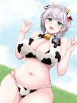  1girl absurdres animal_ears animal_print bangs bell bikini blue_sky blush bow braid breasts cleavage cleavage_cutout clothing_cutout cloud cloudy_sky cow_ears cow_horns cow_print cowbell dutch_angle eyebrows_visible_through_hair grass green_eyes groin hair_bow hands_up highres hololive horns huge_breasts kuro_hopper looking_at_viewer navel neck_bell open_mouth plaid plaid_skirt shirogane_noel side_braid silver_hair skirt sky smile solo sweater swimsuit virtual_youtuber 