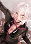  1girl ahoge bodysuit breasts cleavage fate/apocrypha fate/grand_order fate_(series) highres jeanne_d&#039;arc_(alter)_(fate) jeanne_d&#039;arc_(fate)_(all) kirie_kairi latex_bodysuit long_hair looking_at_viewer open_mouth silver_hair skin_tight solo yellow_eyes 