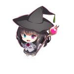  1girl :d absurdres bangs barefoot black_cape black_hair black_headwear black_skirt blue_eyes blush bow cape chibi collared_shirt dress_shirt eyebrows_visible_through_hair grey_shirt hat heterochromia highres holding holding_staff long_hair long_sleeves looking_at_viewer open_mouth original purple_eyes red_bow shirt simple_background skirt smile solo staff standing very_long_hair white_background wide_sleeves witch witch_hat yuuji_(yukimimi) 