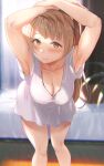  1girl absurdres armpits arms_up ass asymmetrical_bangs bangs bare_legs bed blurry blurry_background blush breasts brown_hair cleavage hanging_breasts highres kitiroku large_breasts legs long_hair looking_at_viewer love_live! love_live!_school_idol_project minami_kotori plant see-through shiny shiny_skin shirt smile solo sunlight thighs yellow_eyes 