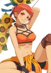  &gt;:) 1girl absurdres alternate_costume bikini bikini_top black_shorts bow breasts cleavage fingerless_gloves fire_emblem fire_emblem:_three_houses fire_emblem_heroes flower furrowed_brow gloves gonzarez grin highres jewelry large_breasts leonie_pinelli looking_at_viewer navel necklace orange_bikini orange_eyes orange_hair orange_swimsuit shorts smile solo sunflower sweatdrop swimsuit v-shaped_eyebrows 
