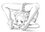  1girl ass athletic_leotard backbend banned_artist barefoot blush double_bun feet flexible greyscale gymnastics hands_together head_rest legs legs_up leotard lying masuda_(yousaytwosin) monochrome on_stomach open_mouth original short_hair simple_background sketch smile soles solo spread_legs toes white_background 