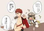  1girl 2boys archer_(fate) arm_around_shoulder artoria_pendragon_(all) artoria_pendragon_(caster)_(fate) blonde_hair blush bottle commentary_request cup drunk emiya_shirou fate/grand_order fate_(series) gloves green_eyes grey_eyes grey_gloves grey_headwear hat holding holding_bottle igote limited/zero_over misuko_(sbelolt) multiple_boys rectangular_mouth red_hair sengo_muramasa_(fate) sharp_teeth sweatdrop teeth translation_request v-shaped_eyebrows white_hair wristband yellow_eyes 