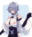  1girl arknights bare_shoulders black_choker black_dress black_gloves blue_eyes blush border breasts choker cleavage_cutout clothing_cutout coldcat. commentary_request dress elbow_gloves eyepatch feather_boa gloves hair_ornament hand_up highres large_breasts light_blue_background medical_eyepatch nipples one_eye_covered parted_lips puffy_nipples purple_hair short_hair sleeveless sleeveless_dress solo two-tone_dress upper_body whisperain_(arknights) whisperain_(tremble_cold)_(arknights) white_border white_dress x_hair_ornament 
