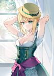  1girl ahoge alternate_costume arms_up artoria_pendragon_(all) bangs bare_arms blonde_hair bow breasts cleavage collarbone commentary_request cowboy_shot dress eyebrows_visible_through_hair fate/stay_night fate_(series) green_dress green_ribbon hair_ribbon hat highres kamiowl looking_at_viewer medium_breasts purple_bow ribbon saber solo standing 
