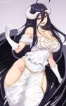  1girl :d ahoge albedo_(overlord) bangs bare_shoulders black_hair black_wings breasts commentary demon_girl demon_horns detached_collar dress feathered_wings gloves hair_between_eyes highres hip_vent horns iwbitu-sa large_breasts long_hair low_wings no_panties open_mouth overlord_(maruyama) simple_background smile solo twitter_username very_long_hair white_dress white_gloves white_horns wings yellow_eyes 
