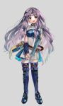  1girl absurdres armor bangs belt blush boots breastplate chil0107 circlet dress elbow_gloves fire_emblem fire_emblem:_the_blazing_blade florina_(fire_emblem) full_body gloves green_eyes hands_together highres long_hair looking_at_viewer open_mouth parted_bangs pauldrons purple_hair shoulder_armor smile solo thigh_boots thighhighs upper_teeth very_long_hair white_dress zettai_ryouiki 