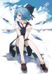  1girl absurdres ahoge between_legs blue_background blue_dress blue_eyes blue_hair bow cirno commentary_request detached_wings dress full_body hair_bow hand_between_legs highres huge_filesize ice ice_wings ikurauni loose_neckwear red_neckwear shoes short_hair short_sleeves sitting solo touhou white_background wings 