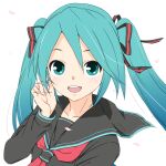  1girl aqua_eyes aqua_hair black_collar black_ribbon black_shirt blue_hair cherry_blossoms collar collared_shirt commentary falling_petals gradient_hair hair_ribbon hand_in_hair hand_up hatsune_miku long_hair looking_at_viewer mikumikudance multicolored_hair neckerchief open_mouth petals red_neckwear ribbon sailor_collar school_uniform serafuku shirt smile solo soukun_s striped striped_ribbon twintails upper_body very_long_hair vocaloid vocaloid_(lat-type_ver) white_background 