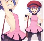  1girl :d arms_up bag bangs brown_bag commentary_request dress freckles gazing_eye grin hand_on_hip handbag hat highres holding_strap legs_apart looking_at_viewer multiple_views nadya_(pokemon) open_mouth pantyhose pink_dress pokemon pokemon_duel purple_hair red_headwear short_dress short_hair simple_background sleeveless sleeveless_dress smile striped striped_legwear teeth tongue upper_teeth vertical-striped_legwear vertical_stripes white_background wristband yellow_eyes 
