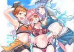  2101341bbb 3girls bikini black_bikini blue_bikini blue_hair blue_sky braid breasts cleavage fire_emblem fire_emblem:_three_houses french_braid green_eyes grin highres hilda_valentine_goneril leonie_pinelli marianne_von_edmund multiple_girls navel ocean one_eye_closed open_mouth orange_bikini orange_eyes orange_hair pink_bikini pink_eyes pink_hair short_hair side-tie_bottom sky smile sunglasses swimsuit twintails two-tone_bikini 