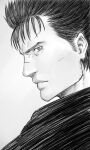  1boy berserk closed_mouth face greyscale guts_(berserk) hatching_(texture) highres looking_at_viewer male_focus monochrome mugetsu2501 profile scar scar_on_face scar_on_nose sketch solo spiked_hair 
