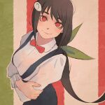  1girl bangs black_hair black_overalls breasts eyebrows_visible_through_hair hachikuji_mayoi highres long_hair long_sleeves low_ponytail medium_breasts monogatari_(series) moshimoshibe multicolored multicolored_background older red_eyes red_neckwear shirt smile solo white_shirt 