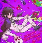  1boy absurdres arrow_(projectile) black_footwear black_hair bomb buttons checkered checkered_neckwear commentary confetti crossed_legs danganronpa_(series) danganronpa_v3:_killing_harmony dated english_text flipped_hair full_body hand_on_own_knee happy_birthday haun highres holding holding_mask huge_filesize jacket jacket_on_shoulders light_smile long_sleeves looking_at_viewer looking_back male_focus mask ouma_kokichi pants purple_background purple_eyes purple_jacket scarf shirt short_hair simple_background solo space_print starry_sky_print straitjacket symbol_commentary tablet_pc white_pants white_shirt 