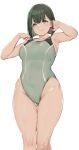  1girl alp black_hair bob_cut breasts competition_swimsuit feet_out_of_frame green_eyes green_swimsuit highres looking_at_viewer medium_breasts one-piece_swimsuit original short_hair simple_background smile solo swimsuit thick_thighs thigh_gap thighs white_background 