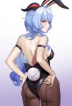  1girl absurdres ahoge animal_ears arm_strap ass back backless_leotard bare_shoulders black_leotard blue_hair breasts brown_legwear bunny_ears bunny_tail cowboy_shot embarrassed fake_animal_ears fake_tail from_behind ganyu_(genshin_impact) garter_straps genshin_impact goat_horns gradient gradient_background hand_on_hip hand_on_own_ass highleg highleg_leotard highres horns leotard long_hair looking_at_viewer looking_back medium_breasts pantyhose playboy_bunny purple_eyes solo standing tail tutou_jiang 