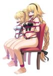  2girls absurdres arms_behind_back ball_gag bdsm bikini black_bikini black_hairband blonde_hair blue_eyes bondage bound bound_arms bound_legs braid breast_bondage breasts cailin020 chair commission competition_swimsuit dual_persona english_commentary fate/grand_order fate_(series) front-tie_bikini front-tie_top gag gagged hairband highleg highleg_swimsuit highres jeanne_d&#039;arc_(fate)_(all) jeanne_d&#039;arc_(swimsuit_archer)_(fate) long_braid long_hair medium_breasts multiple_girls one-piece_swimsuit ponytail red_rope rope shibari shibari_over_clothes single_braid sitting swimsuit very_long_hair white_swimsuit 