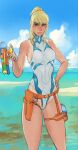  1girl adapted_costume beach blonde_hair blue_eyes breasts competition_swimsuit day highres holster long_hair long_legs looking_at_viewer medium_breasts metroid metroid_dread mismatched_eyebrows mole mole_under_mouth mossacannibalis ocean one-piece_swimsuit one-piece_tan ponytail samus_aran solo summer swimsuit tan tanline thick_eyebrows thigh_holster water_gun wet white_swimsuit 