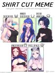  1boy 5girls absurdres bikini bikini_top blue_hair borrowed_garments braid breasts brown_hair chart cleavage_cutout clothes_lift clothing_cutout cocktail_glass corrin_(fire_emblem) corrin_(fire_emblem)_(female) cup drinking drinking_glass eir_(fire_emblem) english_text fire_emblem fire_emblem:_the_binding_blade fire_emblem:_three_houses fire_emblem_fates fire_emblem_heroes highres large_breasts lilina_(fire_emblem) loki_(fire_emblem) long_hair looking_at_viewer medium_breasts meme multiple_girls no_bra o-ring o-ring_bikini open_clothes pointy_ears ritence roy_(fire_emblem) shamir_nevrand shirt_cut_meme shirt_lift short_hair sideboob silver_hair smile swimsuit underboob 